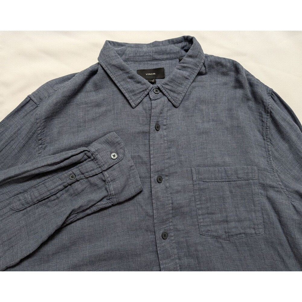 Vince Mens Size L Cotton Button Up Shirt Dark Blue Long Sleeve Casual